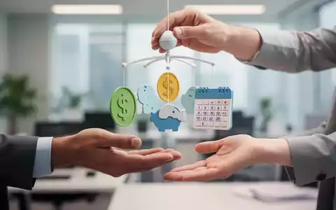 Zwei Hände balancieren ein Baby-Mobile mit Symbolen für Geld und Kalender vor einem unscharfen Bürohintergrund. - Foto: über boerse-global.de