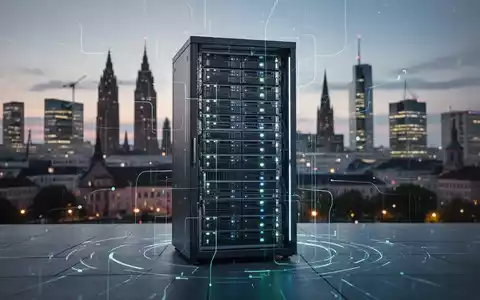 Stilisiertes Server-Rack im Rechenzentrum mit digitalen Linien und verschwommener deutscher Stadtsilhouette. - Foto: über boerse-global.de
