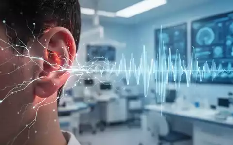 Ein menschliches Ohr mit leuchtenden neuronalen Linien, die zu einer stilisierten Schallwelle führen, in einem medizinischen Labor. - Foto: über boerse-global.de
