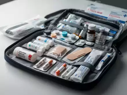 Eine gut sortierte Reiseapotheke mit Medikamenten, VerbĂ€nden und medizinischen Hilfsmitteln auf einer hellen OberflĂ€che. - Foto: ĂŒber boerse-global.de