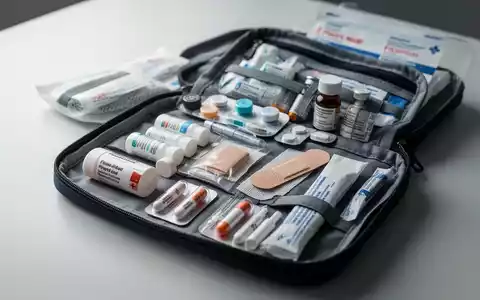 Eine gut sortierte Reiseapotheke mit Medikamenten, Verbänden und medizinischen Hilfsmitteln auf einer hellen Oberfläche. - Foto: über boerse-global.de