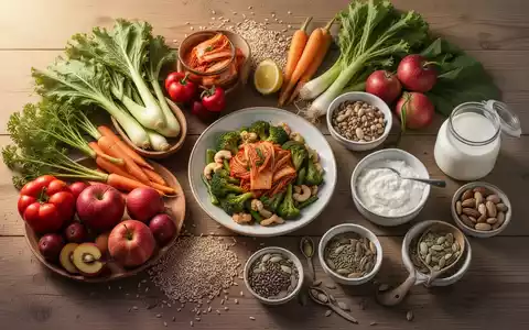 Eine Nahaufnahme einer Auswahl an gesunden Lebensmitteln, darunter Gemüse, Obst, Vollkornprodukte und fermentierte Lebensmittel. - Foto: über boerse-global.de