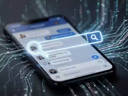 Leuchtendes Suchleisten-Symbol über verschwommenem Smartphone-Bildschirm mit abstrakten Datenlinien im Hintergrund, symbolisiert KI-Chatverlaufssuche. - Foto: über boerse-global.de