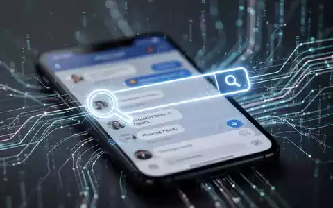 Leuchtendes Suchleisten-Symbol über verschwommenem Smartphone-Bildschirm mit abstrakten Datenlinien im Hintergrund, symbolisiert KI-Chatverlaufssuche. - Foto: über boerse-global.de