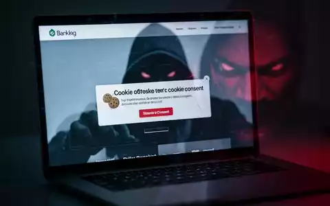 Laptop-Bildschirm mit Banking-Website, fehlerhaftem Cookie-Banner und bedrohlichem Schatten. - Foto: über boerse-global.de