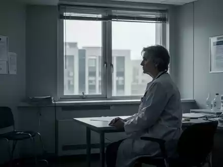 Eine nachdenkliche Person in einem kargen Büro, die die psychotherapeutische Versorgung in Deutschland und die Auswirkungen von Sparmaßnahmen symbolisiert. - Foto: über boerse-global.de