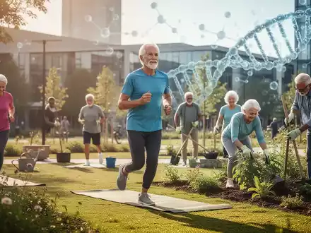Ältere Menschen joggen, machen Yoga und gärtnern in einem sonnigen Park, symbolisierend Gesundheit und Aktivität im Alter. - Foto: über boerse-global.de