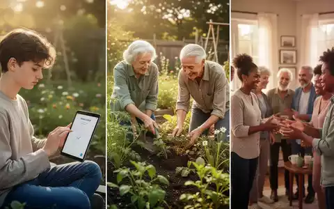 Eine diverse Gruppe von Menschen unterschiedlichen Alters, die an Aktivitäten zur Förderung der mentalen Fitness teilnehmen: eine junge Person mit Tablet, eine ältere Person beim Gärtnern und eine Gruppe bei der sozialen Interaktion. - Foto: über boerse-global.de