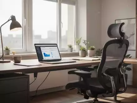 Ein modernes Homeoffice mit Laptop, ergonomischem Stuhl und einem Fenster, das Flexibilität und Fernarbeit symbolisiert. - Foto: über boerse-global.de