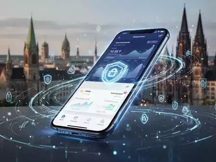 Stilisierte Smartphone-App mit leuchtenden Linien und deutschem Stadthintergrund. - Foto: über boerse-global.de