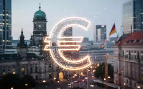 Leuchtendes digitales Euro-Symbol auf verschwommenem Hintergrund einer modernen deutschen Stadt, Symbol für digitales Währungsbewusstsein. - Foto: über boerse-global.de