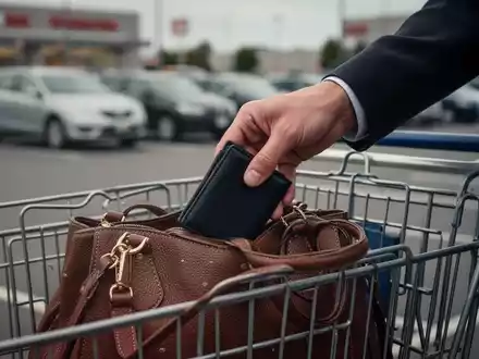 Eine Hand greift diskret eine Geldbörse aus einer unbeaufsichtigten Handtasche in einem Einkaufswagen auf einem Parkplatz. - Foto: über boerse-global.de