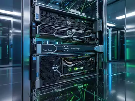 Moderner Serverraum mit blauen und grünen Lichtern, Racks von Dell PowerEdge Servern und NVIDIA GPUs, Symbol für KI-Kollaboration. - Foto: über boerse-global.de