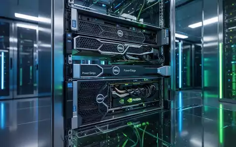 Moderner Serverraum mit blauen und grünen Lichtern, Racks von Dell PowerEdge Servern und NVIDIA GPUs, Symbol für KI-Kollaboration. - Foto: über boerse-global.de