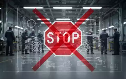 Eine unscharfe Industriehalle mit angedeuteten Arbeitern im Hintergrund und einem roten Stoppschild, das Arbeitsplatzunsicherheit symbolisiert. - Foto: über boerse-global.de