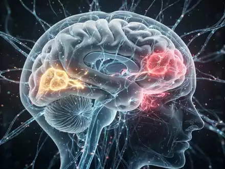 Ein stilisiertes menschliches Gehirn mit leuchtenden neuronalen Pfaden, die neue Sprachregionen im Kleinhirn, Hippocampus und der Amygdala hervorheben. - Foto: ĂŒber boerse-global.de