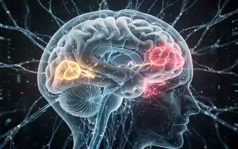 Ein stilisiertes menschliches Gehirn mit leuchtenden neuronalen Pfaden, die neue Sprachregionen im Kleinhirn, Hippocampus und der Amygdala hervorheben. - Foto: über boerse-global.de