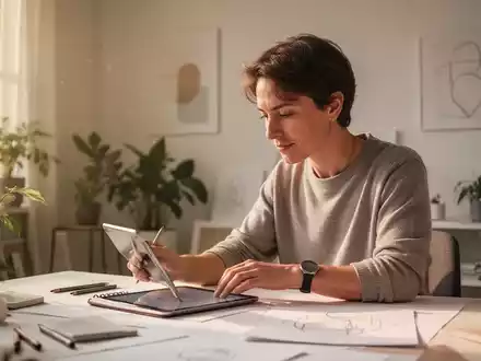 Eine kreative Person arbeitet entspannt in einem modernen Studio, umgeben von Pflanzen und minimalistischer Kunst, was mentale Unterstützung und Resilienz symbolisiert. - Foto: über boerse-global.de