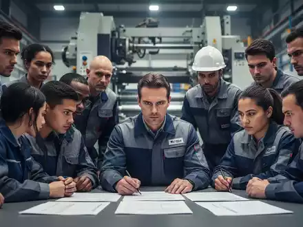 Eine Gruppe von Fabrikarbeitern sitzt an einem Tisch mit Dokumenten in einem Industrieumfeld und wirkt entschlossen. - Foto: über boerse-global.de