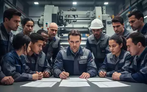 Eine Gruppe von Fabrikarbeitern sitzt an einem Tisch mit Dokumenten in einem Industrieumfeld und wirkt entschlossen. - Foto: über boerse-global.de