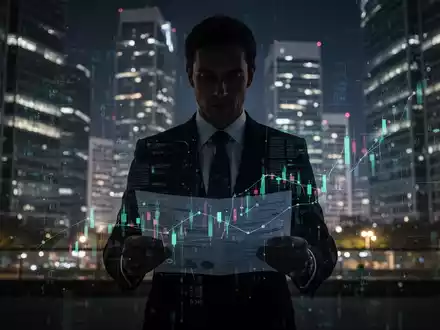 Eine verschwommene Figur in einem Anzug vor einem Finanzviertel bei Nacht, mit digitalen Daten-Overlays und einem undurchsichtigen Dokument. - Foto: über boerse-global.de