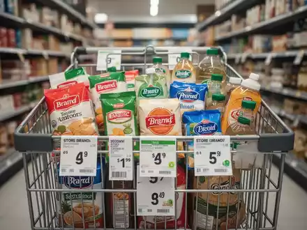 Ein Einkaufswagen in einem Supermarktgang, gefüllt mit Eigenmarkenprodukten und einigen Markenartikeln, mit Fokus auf Preisschildern. - Foto: über boerse-global.de