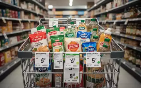 Ein Einkaufswagen in einem Supermarktgang, gefüllt mit Eigenmarkenprodukten und einigen Markenartikeln, mit Fokus auf Preisschildern. - Foto: über boerse-global.de