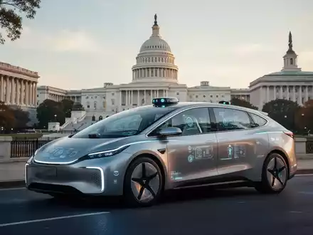 Ein futuristisches Robotaxi fährt durch Washington D.C., das Kapitol im Hintergrund. - Foto: über boerse-global.de