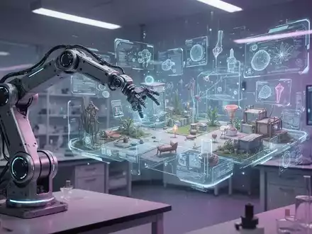 Roboterarm interagiert mit holografischer Projektion einer komplexen 3D-Virtual-Umgebung für KI-Training. - Foto: über boerse-global.de