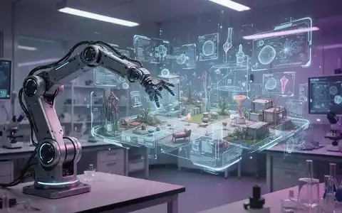 Roboterarm interagiert mit holografischer Projektion einer komplexen 3D-Virtual-Umgebung für KI-Training. - Foto: über boerse-global.de