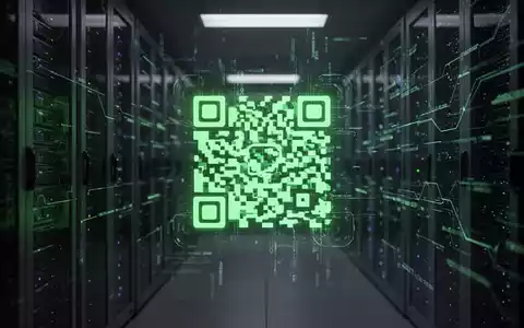 Ein grün leuchtender QR-Code auf einem Bildschirm in einem dunklen Serverraum, umgeben von verschwommenen digitalen Datenströmen, die eine Cyberbedrohung symbolisieren. - Foto: über boerse-global.de