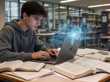 Ein Student arbeitet konzentriert an einem Laptop, umgeben von BĂĽchern und Papieren, mit einer subtilen KI-Visualisierung. - Foto: ĂĽber boerse-global.de