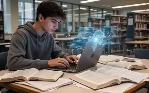 Ein Student arbeitet konzentriert an einem Laptop, umgeben von Büchern und Papieren, mit einer subtilen KI-Visualisierung. - Foto: über boerse-global.de