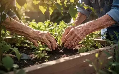 Ältere Hände gärtnern in einem Hochbeet, umgeben von Pflanzen und Sonnenlicht, das durch Blätter fällt. - Foto: über boerse-global.de