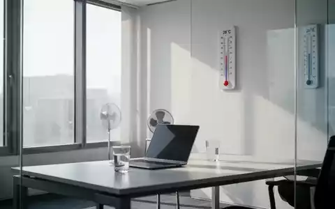 Ein modernes Büro mit einem Schreibtisch, Laptop, Wasserglas und einem Thermometer, das 28°C anzeigt, bei hellem Tageslicht. - Foto: über boerse-global.de