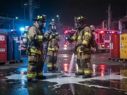 Feuerwehrleute in Schutzkleidung reagieren auf einen simulierten Chemieunfall auf einem Industriegelände bei Nacht, Blaulicht reflektiert. - Foto: über boerse-global.de