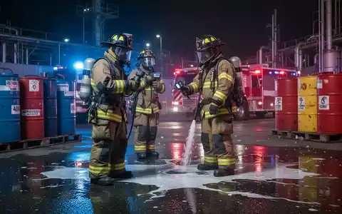 Feuerwehrleute in Schutzkleidung reagieren auf einen simulierten Chemieunfall auf einem Industriegelände bei Nacht, Blaulicht reflektiert. - Foto: über boerse-global.de