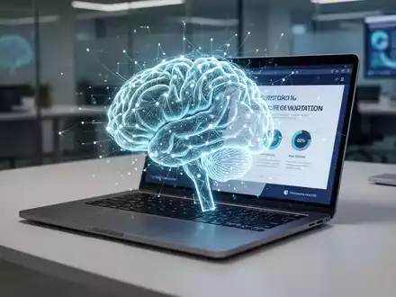 Leuchtendes KI-Gehirn-Symbol über Laptop mit Präsentationsfolie, symbolisiert KI-gestützte Erstellung. - Foto: über boerse-global.de