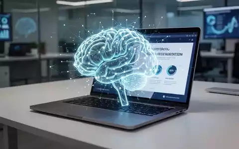Leuchtendes KI-Gehirn-Symbol über Laptop mit Präsentationsfolie, symbolisiert KI-gestützte Erstellung. - Foto: über boerse-global.de
