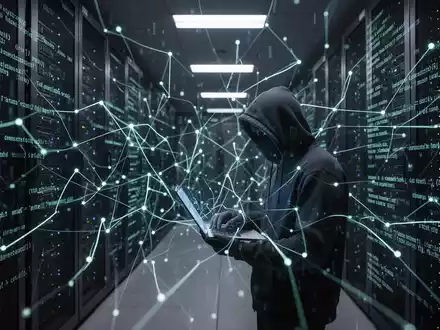 Abstrakte Darstellung von digitalen Bedrohungen, die von künstlicher Intelligenz ausgehen, mit Datenströmen und Cybersicherheitssymbolen. - Foto: über boerse-global.de