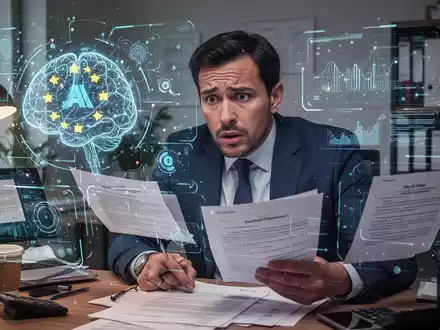 Ein mittelständischer Unternehmer blickt besorgt auf einen Bildschirm mit komplexen KI-Schnittstellen und rechtlichen Dokumenten. - Foto: über boerse-global.de