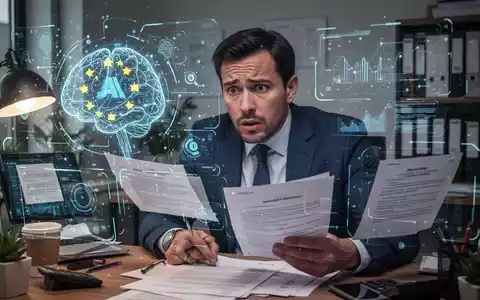 Ein mittelständischer Unternehmer blickt besorgt auf einen Bildschirm mit komplexen KI-Schnittstellen und rechtlichen Dokumenten. - Foto: über boerse-global.de