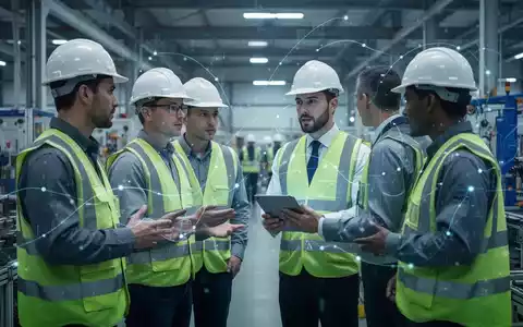 Arbeiter in einer modernen Fabrik diskutieren mit einem Manager, der ein Tablet hält. Fokus auf Arbeitssicherheit und Ordnung. - Foto: über boerse-global.de
