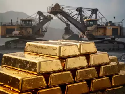 Gestapelte Goldbarren, die Reichtum und Bergbau darstellen, mit der Andeutung von Bergbauausrüstung im Hintergrund. - Foto: über boerse-global.de