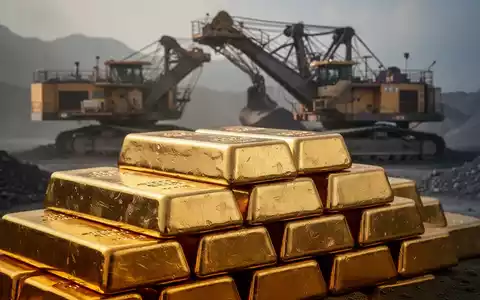 Gestapelte Goldbarren, die Reichtum und Bergbau darstellen, mit der Andeutung von Bergbauausrüstung im Hintergrund. - Foto: über boerse-global.de
