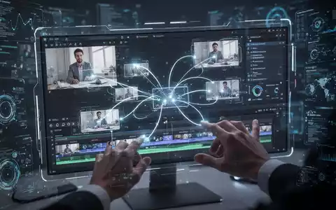 Eine futuristische digitale Benutzeroberfläche für Videobearbeitung mit KI-Elementen, die Automatisierung und generative Medien darstellt. - Foto: über boerse-global.de