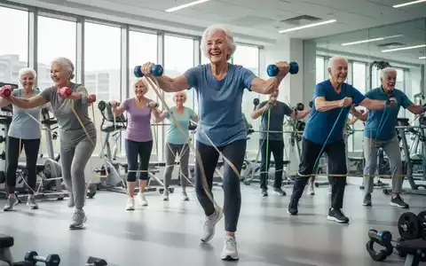 Ältere und mittelalte Menschen trainieren in einem hellen Fitnessraum mit leichten Gewichten und Widerstandsbändern, lächeln und bewegen sich aktiv. - Foto: über boerse-global.de