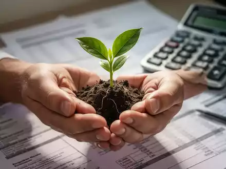 Hände halten eine kleine Pflanze, im Hintergrund verschwommene Finanzdokumente und ein Taschenrechner. Symbolisiert Naturheilverfahren und Kostenerstattung. - Foto: über boerse-global.de