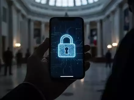 Eine Hand hält ein Smartphone mit einem digitalen Vorhängeschloss-Symbol auf dem Bildschirm vor einem unscharfen Regierungsgebäude. - Foto: über boerse-global.de