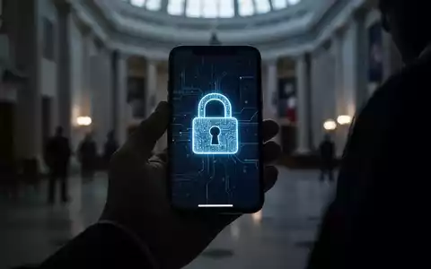 Eine Hand hält ein Smartphone mit einem digitalen Vorhängeschloss-Symbol auf dem Bildschirm vor einem unscharfen Regierungsgebäude. - Foto: über boerse-global.de